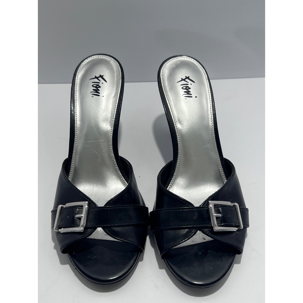 Fioni Black Buckle Slide Sandals Silver Insole Stiletto Kitten Heel Mules Size 8